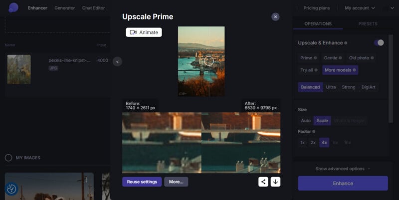 Screenshot of an image upscaling tool showing a photo before and after enhancement, with side-by-side zoomed views of the differences in image clarity, and various adjustment and enhancement options on the right panel.