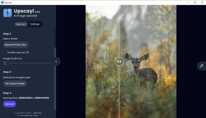Screenshot of the Upscayl app showing a split image of a deer in a field, with the left side blurred and the right side clear, demonstrating photo upscaling.