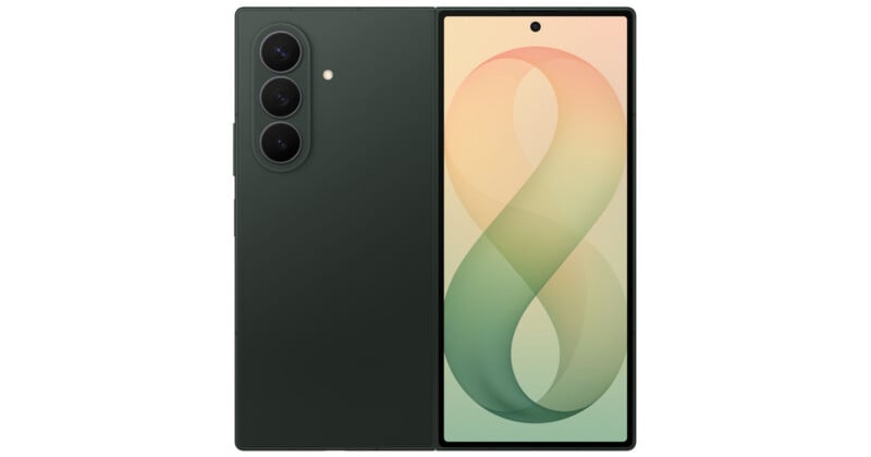 A black smartphone shown from the back and front. The back has three cameras in a vertical line, and the front displays a screen with a pastel-colored number 8 design.