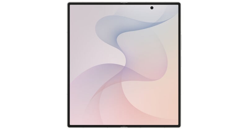 A foldable smartphone fully unfolded, displaying a large, nearly square screen with soft pastel abstract shapes and thin bezels. The front camera is centered at the top.