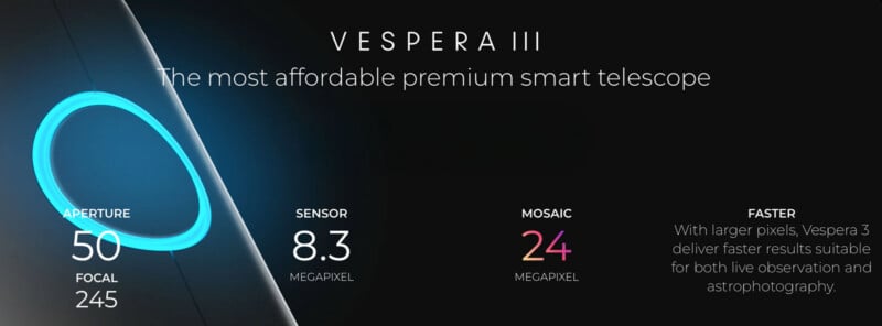 A promotional graphic for the Vespera III smart telescope lists its specifications: 50mm aperture, 245mm focal length, 8.3-megapixel sensor, and 24-megapixel mosaic capability.