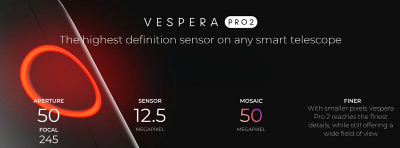 A promotional graphic for the Vespera Pro 2 smart telescope lists specifications including a 50mm aperture, 245mm focal length, 12.5-megapixel sensor, and 50-megapixel mosaic capability.