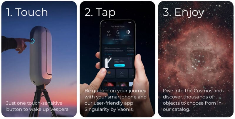 A three-step guide showing a person turning on a Vespera telescope, using the Singularity app on a smartphone, and viewing a nebula.