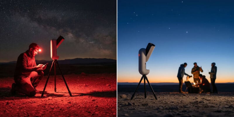 A split-screen view shows a person using a smartphone to operate a white, tripod-mounted telescope under a starry night sky, and a group of people gathered around the same telescope at twilight.