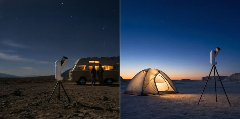 A split-screen view showing a white, modern telescope on a tripod in a desert setting, with a camper van on the left and a lit tent on the right.