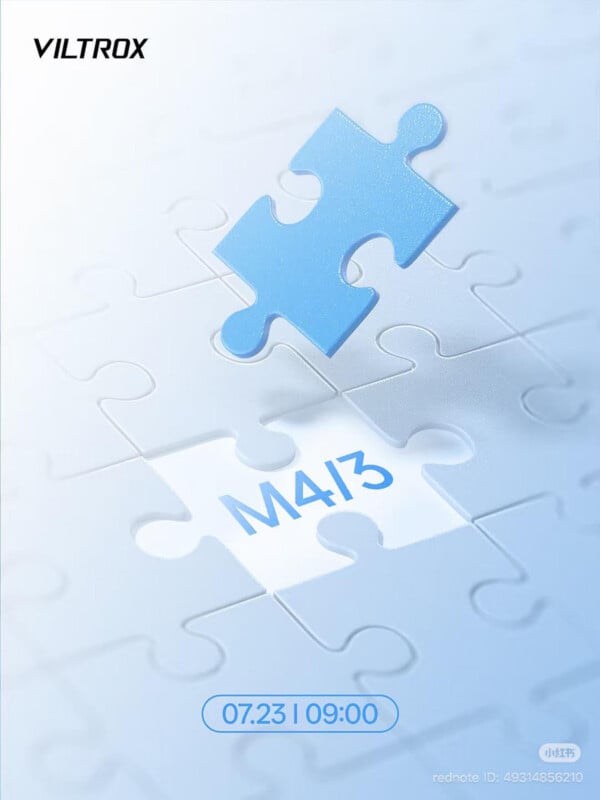 A blue puzzle piece hovers above a puzzle with a missing piece, revealing "M4/3" inside. The image includes the Viltrox logo and the date "07.23 | 09:00" at the bottom.