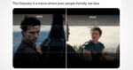 Comparison meme showing two movie scenes labeled “IMAX” and “regular screen,” with regular screen cutting off parts of the image. Caption: “The Odyssey is a movie where poor people literally see less.”.