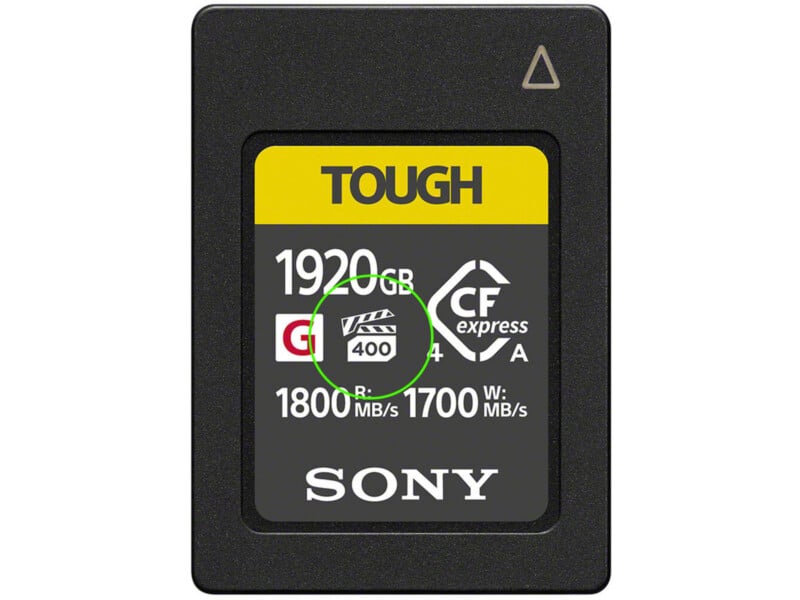 Sony TOUGH CFexpress memory card with 1920GB capacity, 1800 MB/s read, and 1700 MB/s write speeds, featuring a "400" icon for video capability and a rugged design.