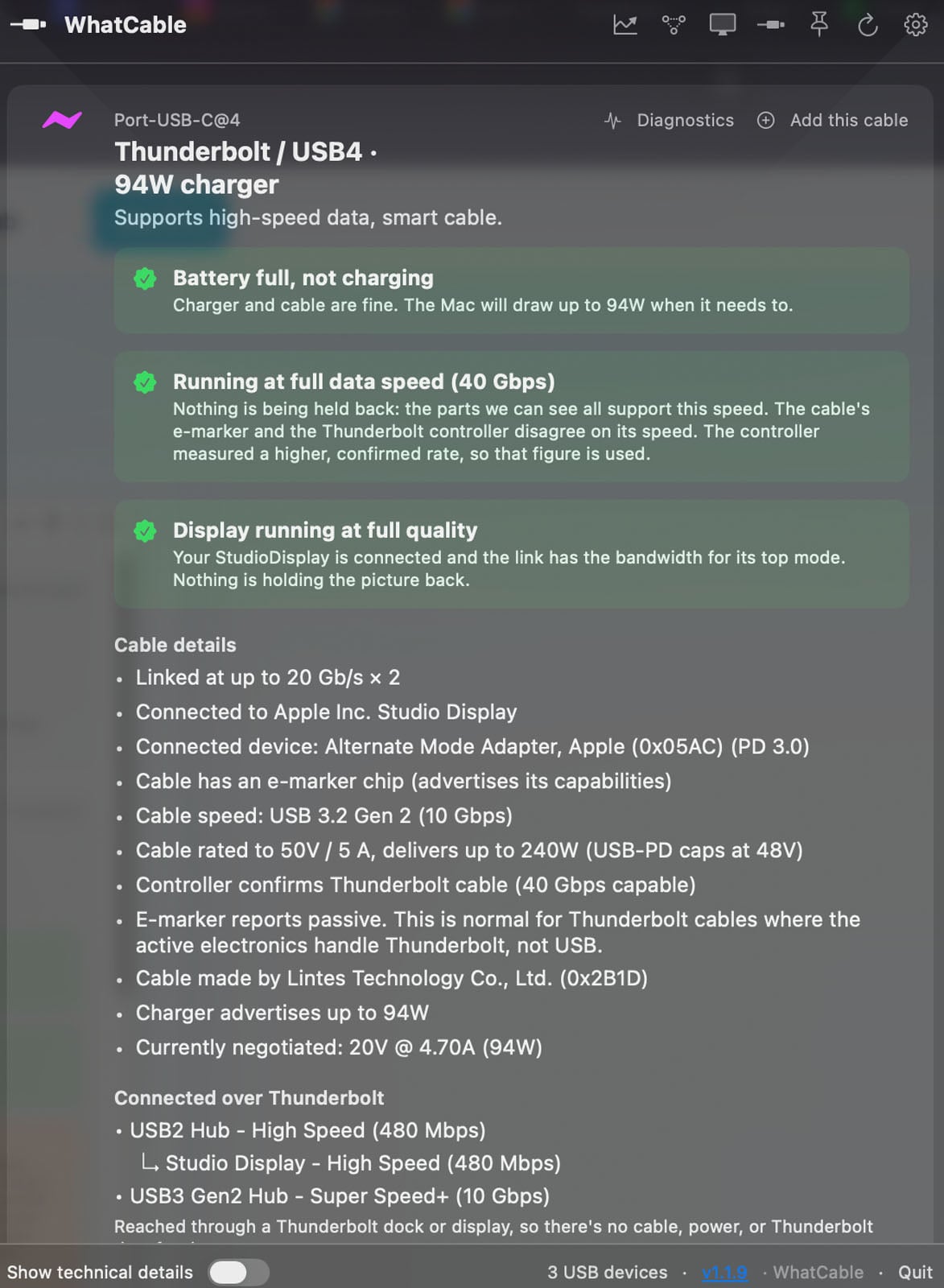 Screenshot of a WhatCable app page showing details for a Thunderbolt/USB4 cable, with diagnostics indicating full quality operation. Lists specs like 40Gbps speed, 94W charging, and devices connected. Green status panels are visible.