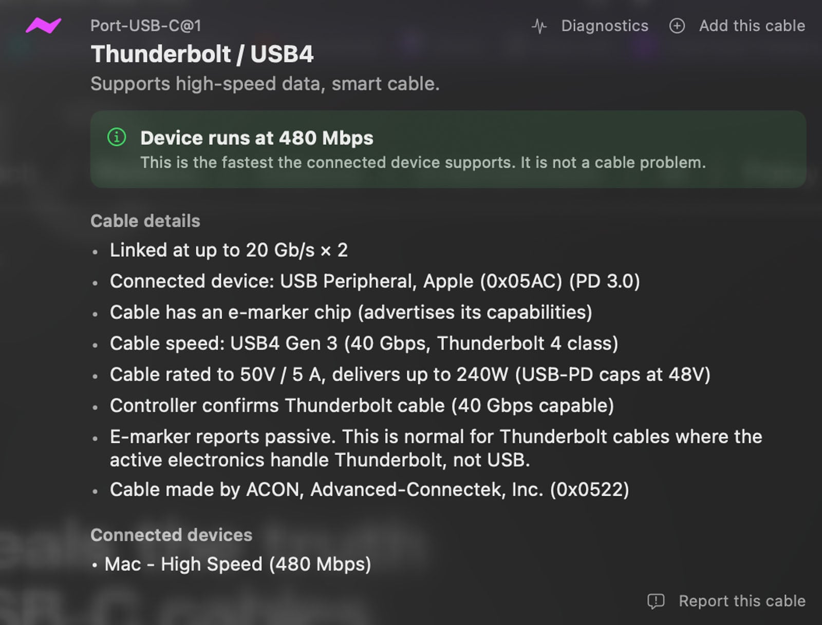 Screenshot of a macOS system report showing details about a connected Thunderbolt/USB4 cable, including 480 Mbps speed, USB4 Gen 3, up to 240W power delivery, and the connected device as an Apple USB peripheral.