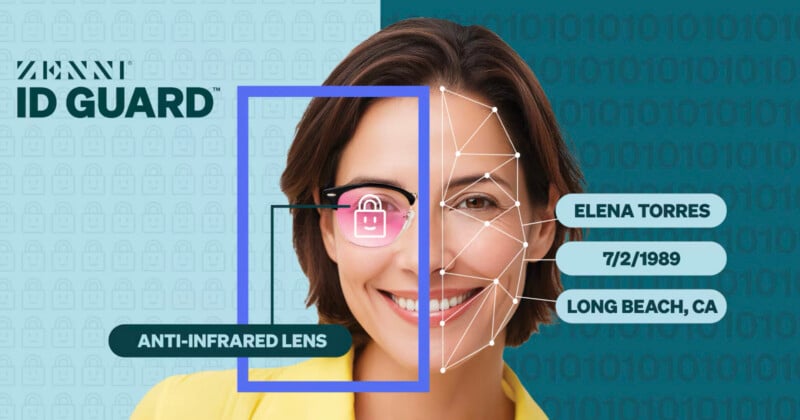 A woman’s face is partially covered by digital effects showing facial recognition. Text highlights “ANTI-INFRARED LENS” and displays a name, date of birth, and location. The background features a pattern and the words "ZENNI ID GUARD".