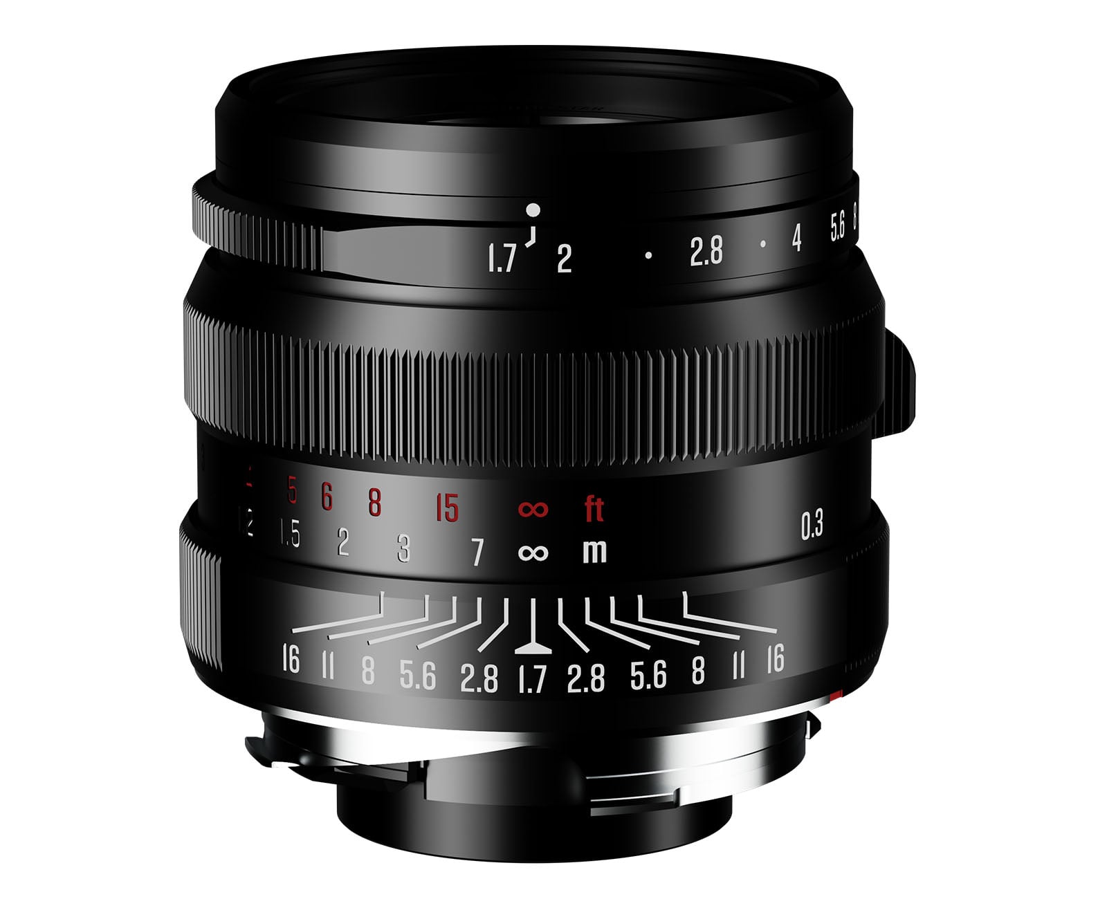 A black manual focus camera lens shown from the front, featuring aperture and distance scale markings on its barrel.
