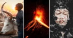 A triptych showing a boy with a cow at sunset, a volcanic eruption at night, and a person's face behind shattered glass.