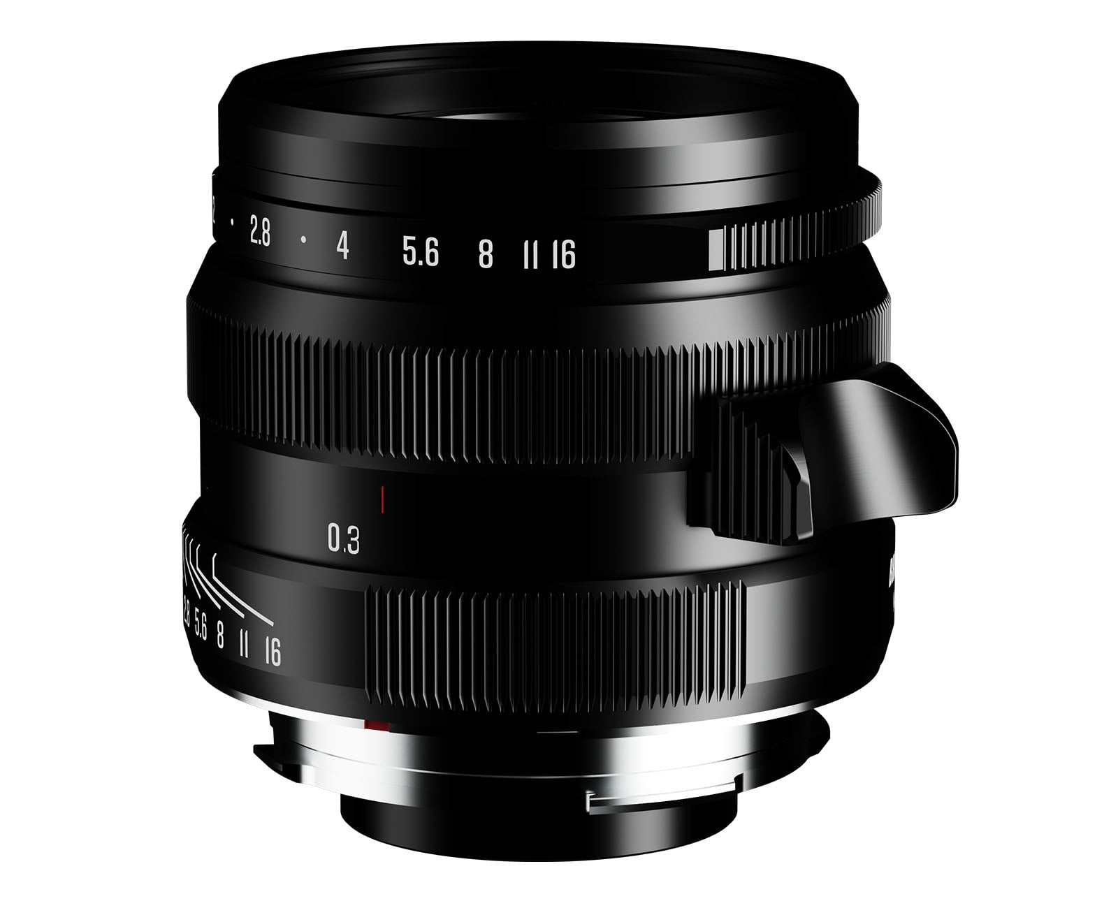 A black manual focus camera lens with a focus tab, aperture ring markings from 2.8 to 16, and a minimum focus distance of 0.3 meters.