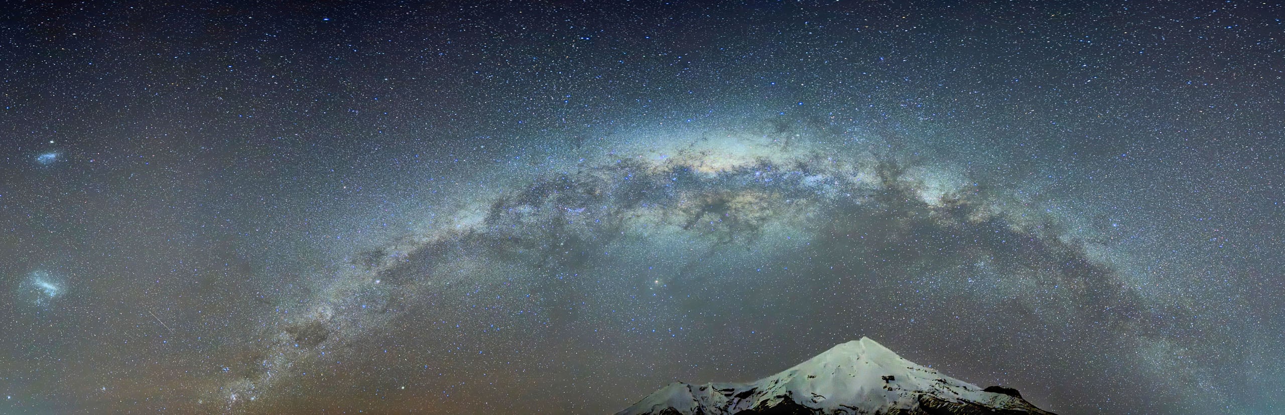 A panoramic view of the Milky Way galaxy arching over a snow-capped mountain peak at night.