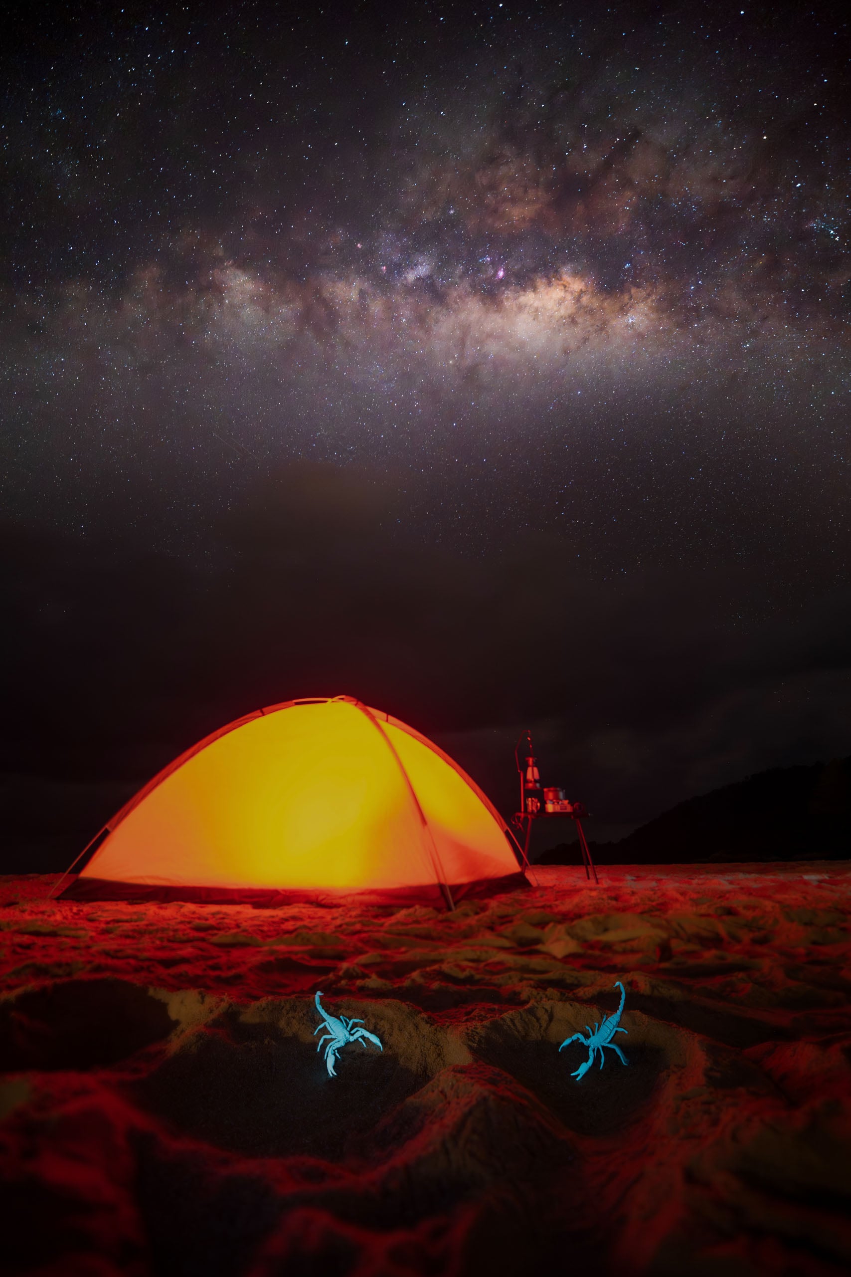A glowing orange tent sits on a sandy beach at night under a starry sky with the Milky Way, while two small, bioluminescent blue scorpions are in the foreground.