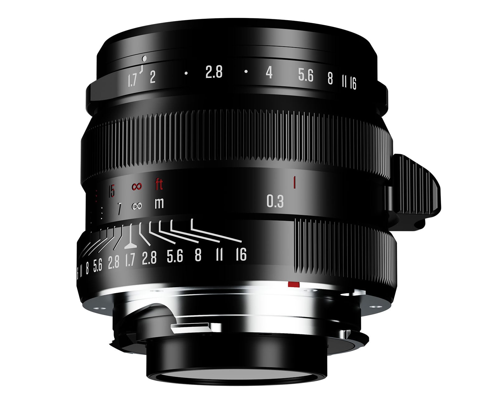 A black manual focus camera lens with aperture and distance markings, featuring a silver mount and a focus tab on the side.