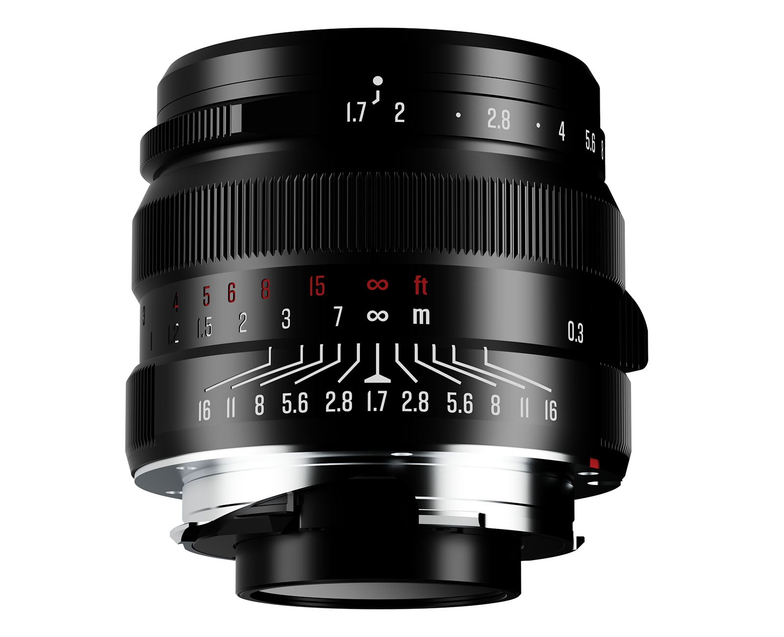 A black manual focus camera lens with white aperture and distance markings, featuring a silver metal mount at the base.