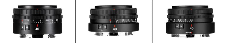 Three views of a black camera lens showing an aperture ring with markings from 2.5 to 16 and an A setting, a focus switch labeled A and M, and a Z-Mount label.