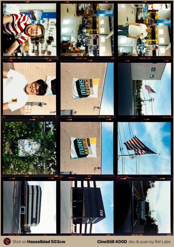 A contact sheet of twelve medium-format film frames showing portraits, a camera show banner, an American flag, a parking sign, and building exteriors.