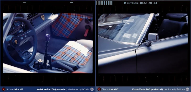 A side-by-side film strip showing the interior of a car with plaid seats and a purple gear shifter on the left, and a close-up of a car's windshield and side mirror on the right.