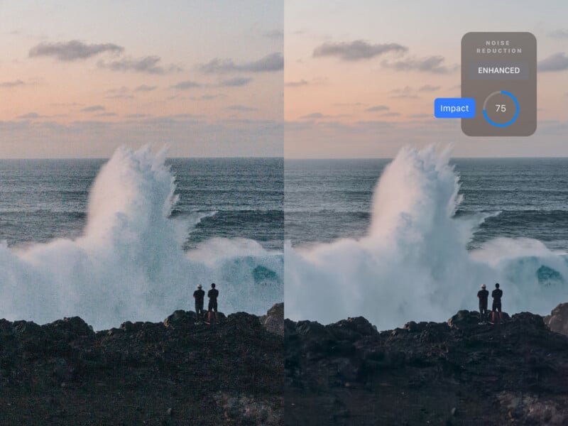 A split-screen comparison shows a grainy photo of two people watching a large ocean wave on the left and a smoothed, noise-reduced version on the right, with an overlay indicating a noise reduction setting of 75.