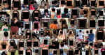 A collage of many individual portraits and group photos, all with the faces of the people obscured by black rectangles.
