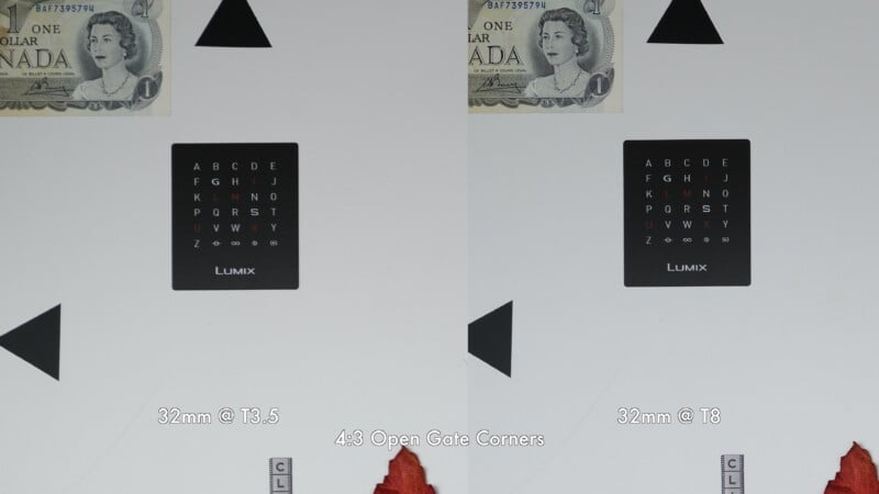 A side-by-side comparison of two test charts labeled 32mm @ T3.5 and 32mm @ T8, featuring Canadian one-dollar bills, letter grids, and geometric shapes.