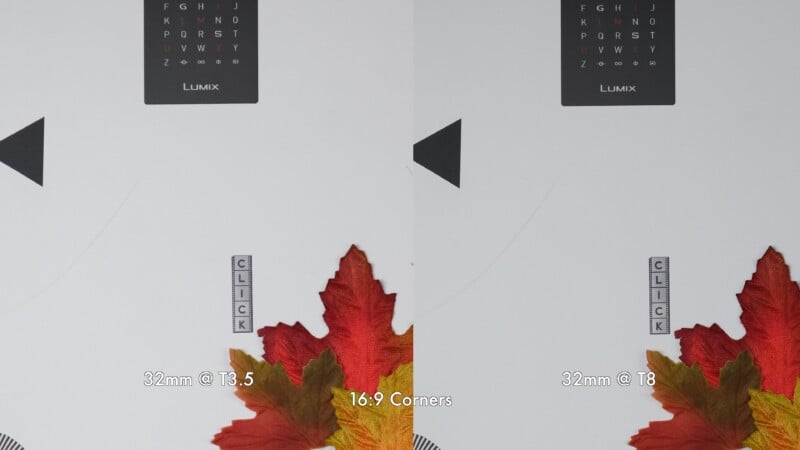 A side-by-side comparison of a test chart at 32mm, showing corner sharpness at T3.5 on the left and T8 on the right.