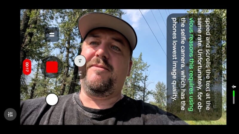 A man wearing a baseball cap records a video outdoors, with a teleprompter overlay of text visible on the right side of the screen.