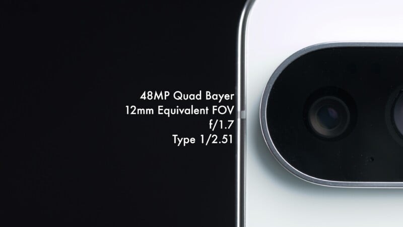 A close-up of a smartphone camera module next to text listing specifications: 48MP Quad Bayer, 12mm Equivalent FOV, f/1.7, and Type 1/2.51.