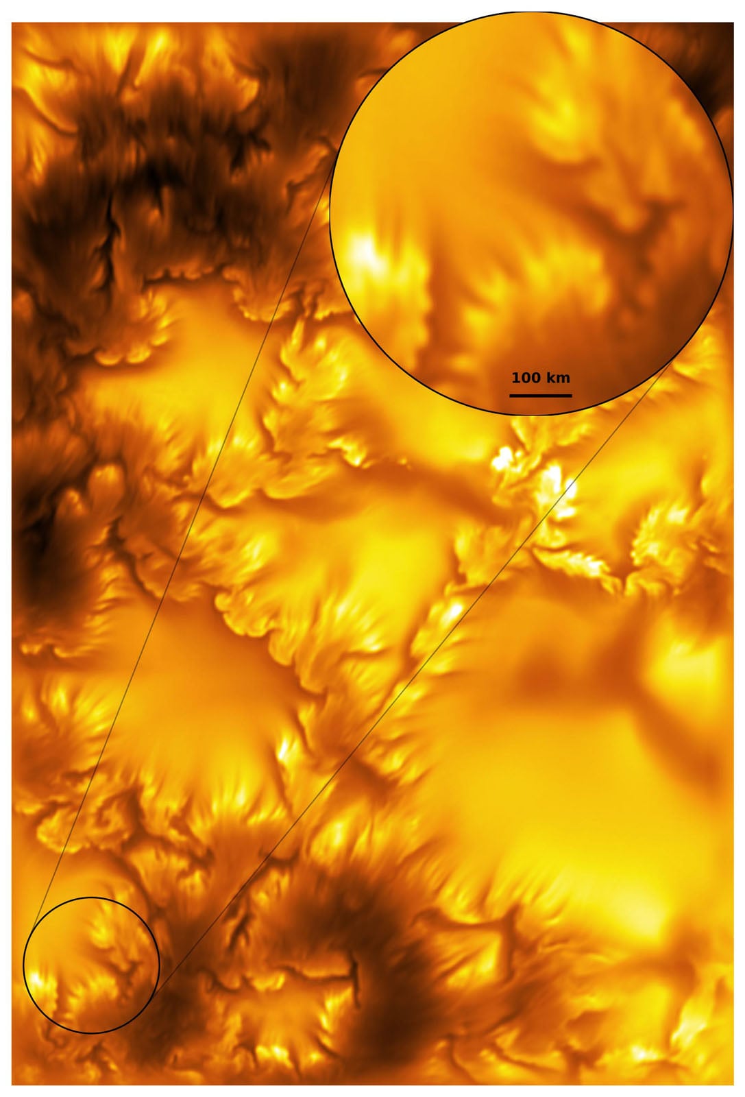 A digital elevation map in shades of orange and yellow shows rugged terrain with a circular inset magnifying a small area.