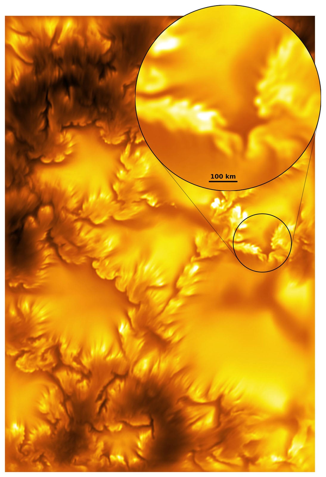 A high-contrast, golden-toned topographic map showing mountainous terrain with a circular inset magnifying a specific region.