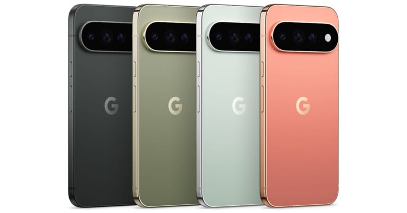 Four smartphones standing side-by-side in a row, each featuring a prominent horizontal camera bar and a centered "G" logo on the back, shown in black, olive green, light green, and coral.