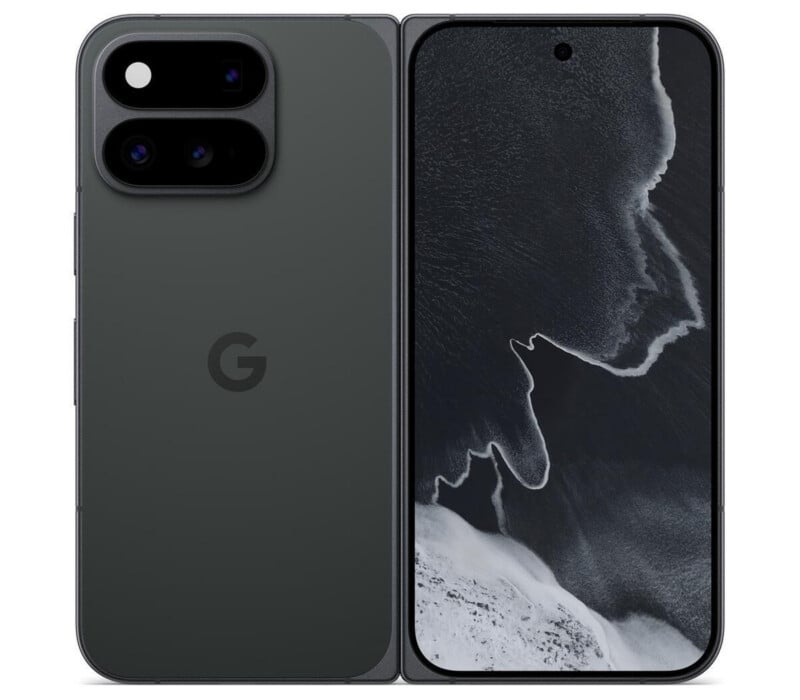 A dark gray foldable smartphone shown from both the back and front, featuring a dual-lens camera module and a screen with a hole-punch camera.