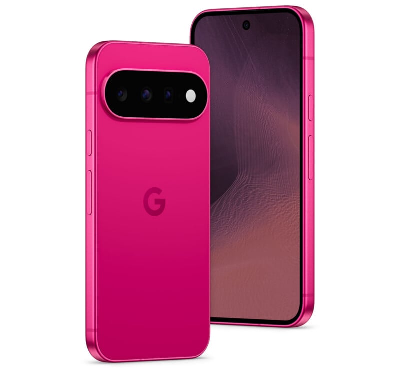 Two bright pink smartphones are displayed, one showing the back with a triple-lens camera bar and a "G" logo, and the other showing the front screen.