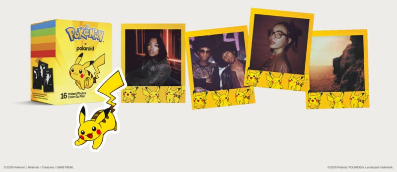 A Pokémon x Polaroid product box sits next to four instant photos featuring Pikachu-themed borders, with a large Pikachu sticker in the foreground.