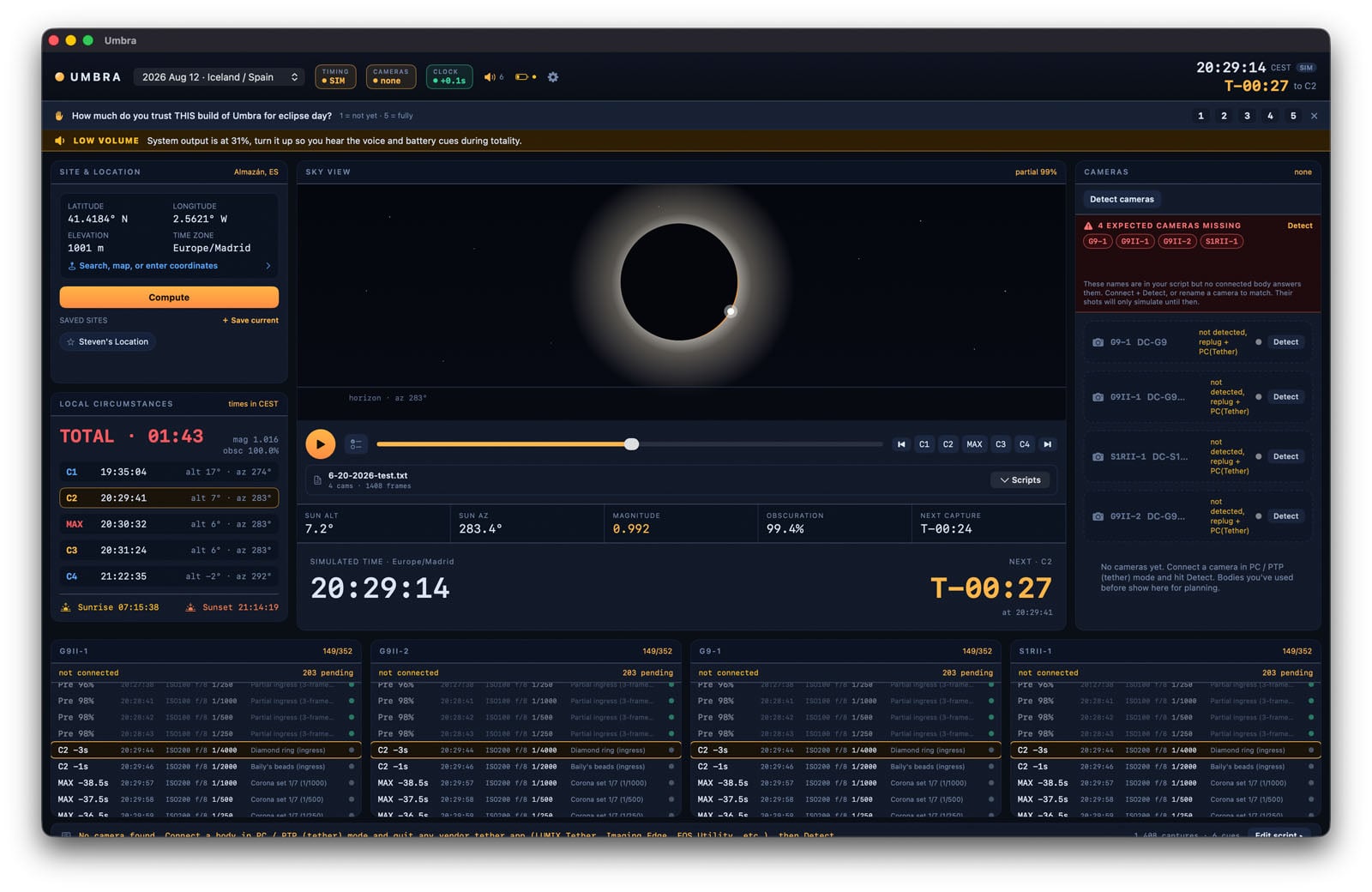 A software interface titled Umbra displays eclipse planning data, including a simulation of a solar eclipse, camera status, and a countdown timer.