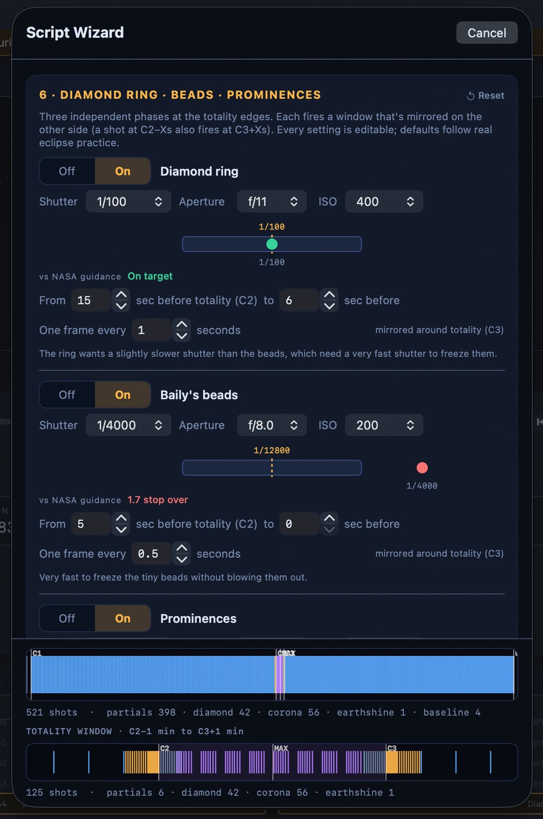 A software interface titled Script Wizard displays settings for capturing solar eclipse phases, including Diamond Ring, Baily's beads, and Prominences.