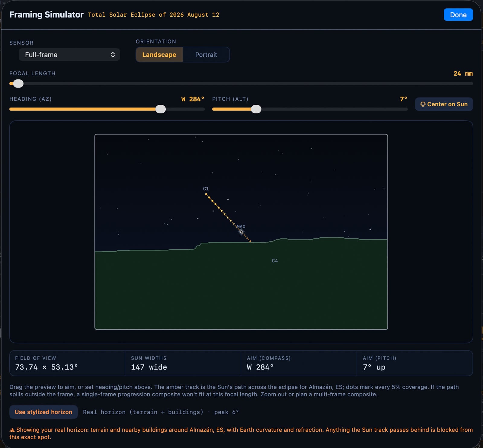 A digital framing simulator interface shows a solar eclipse path across a horizon at 24mm focal length for August 12, 2026.