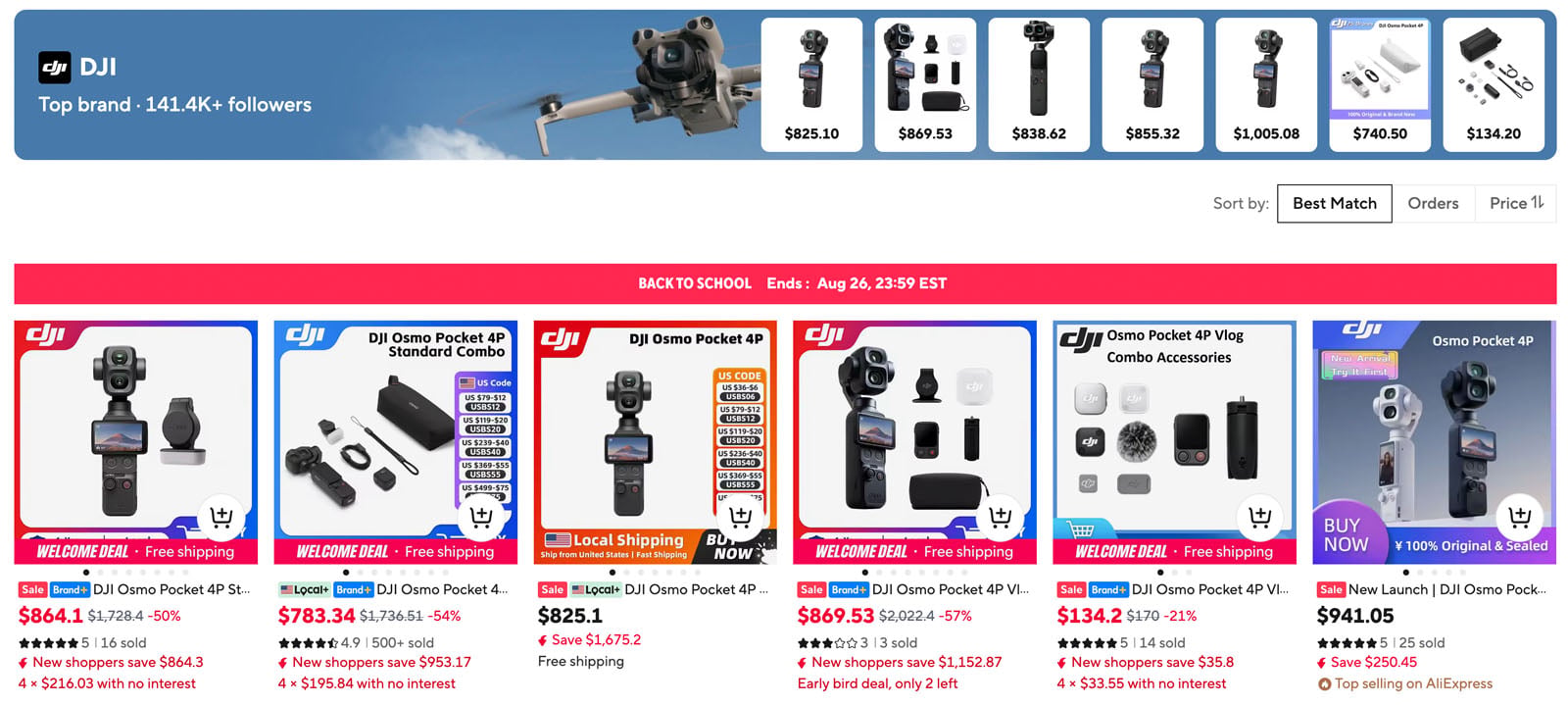 A screenshot of an online store page displaying various DJI Osmo Pocket camera bundles and accessories with their respective prices, discount percentages, and sales statistics.