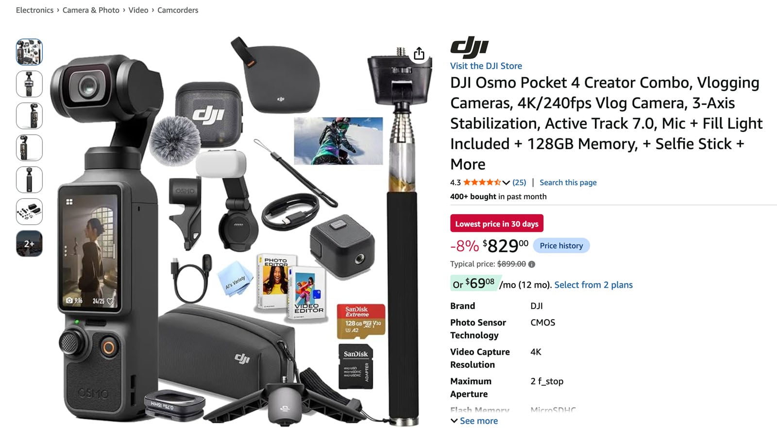 A DJI Osmo Pocket 4 Creator Combo kit featuring a gimbal camera, carrying case, tripod, selfie stick, and various accessories.