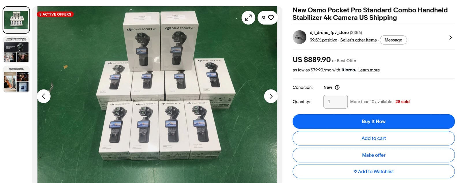 An eBay listing page showing a stack of ten boxed DJI Osmo Pocket 4P cameras priced at $889.90.