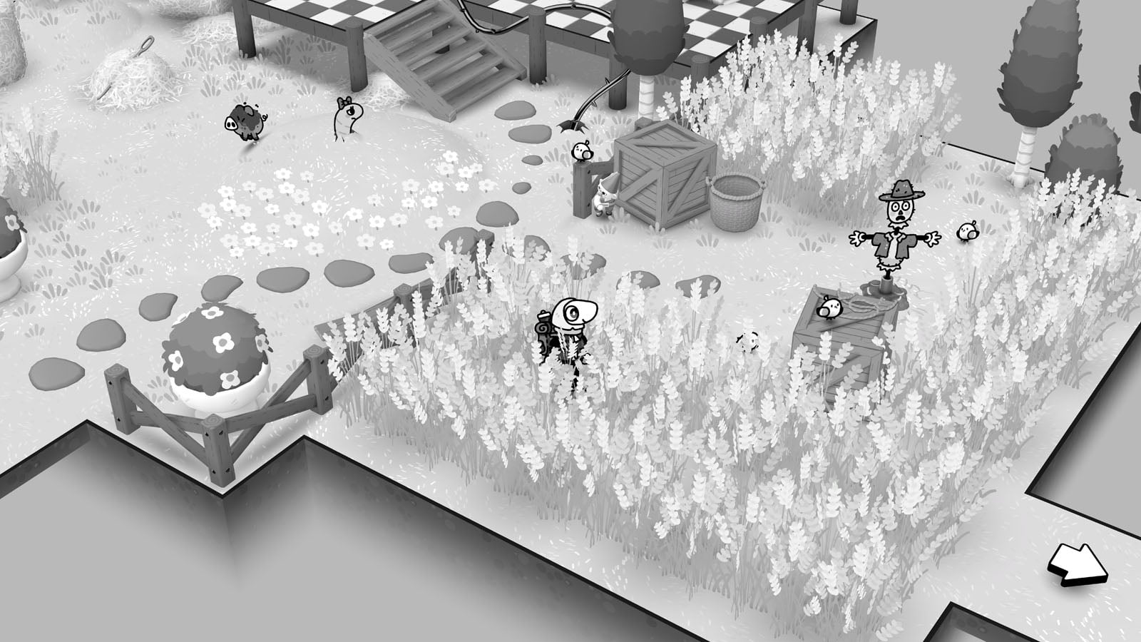 A black-and-white isometric view of a stylized garden featuring a character in a wheat field, a scarecrow, a gnome, and small animals.