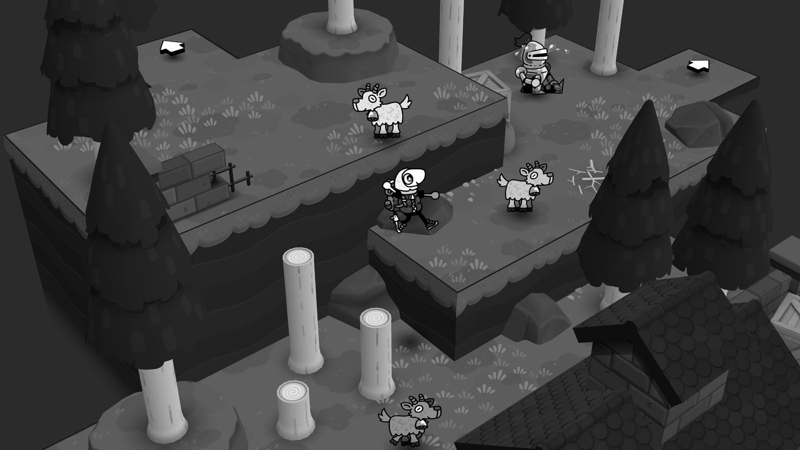 A black-and-white isometric game scene shows a character with a large eye head walking past goats on a grassy plateau near a crying knight.