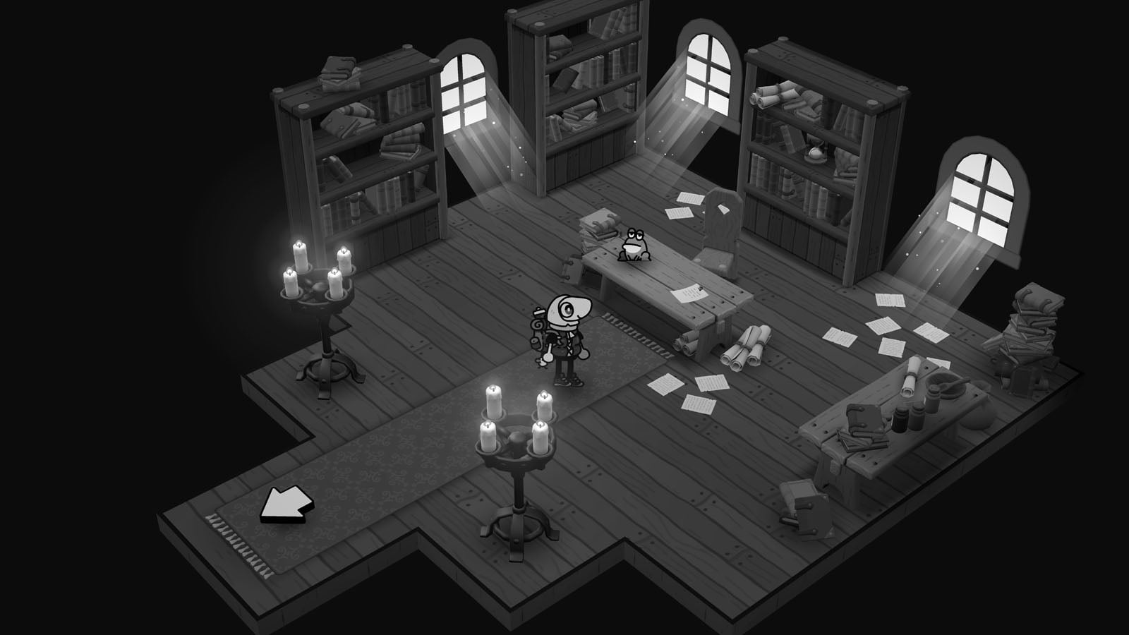 A black-and-white isometric view of a character standing in a library with bookshelves, tables, candles, and a frog on a desk.