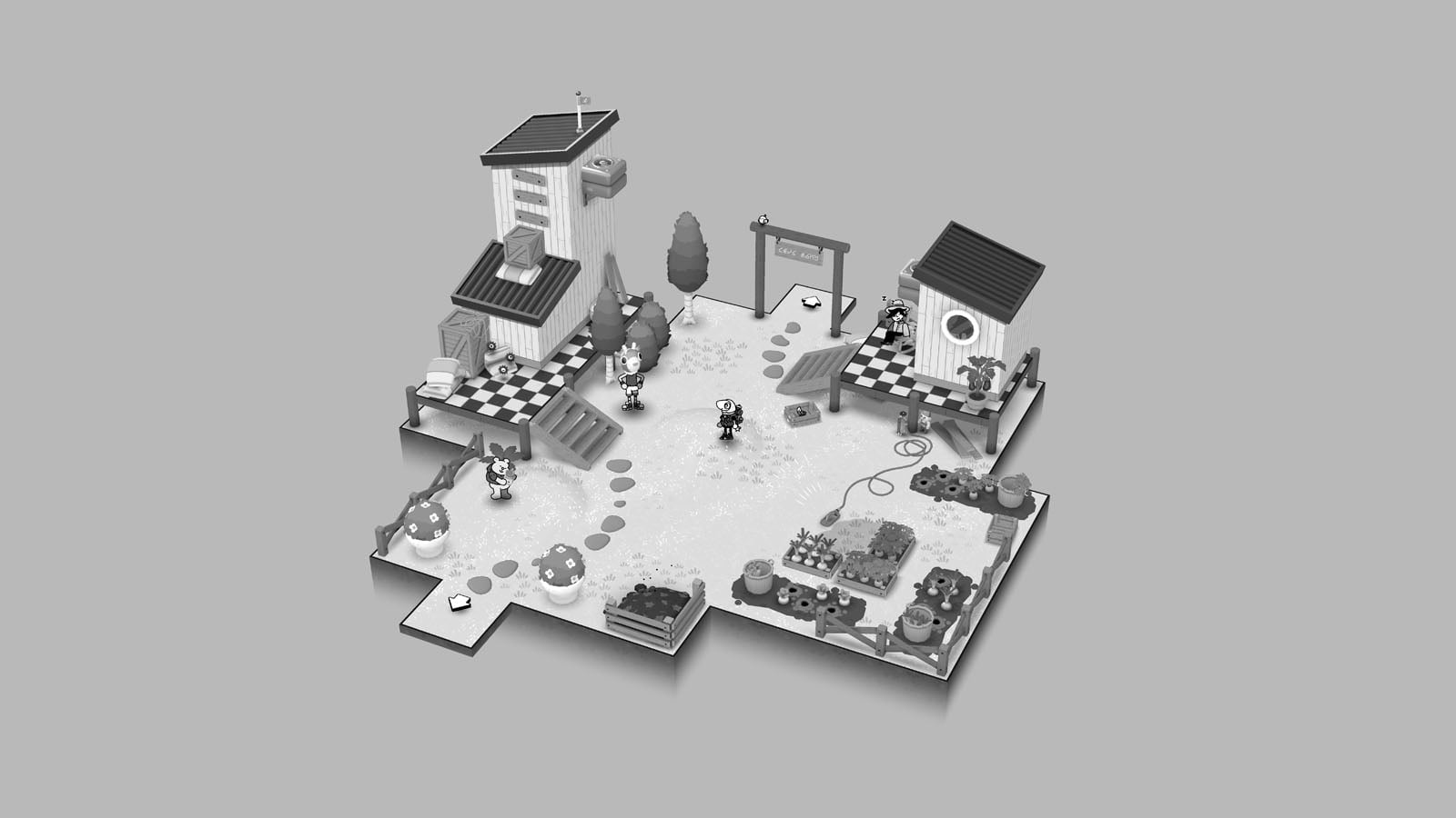 An isometric, black-and-white digital illustration shows a small farmstead with two buildings, garden plots, and several characters.