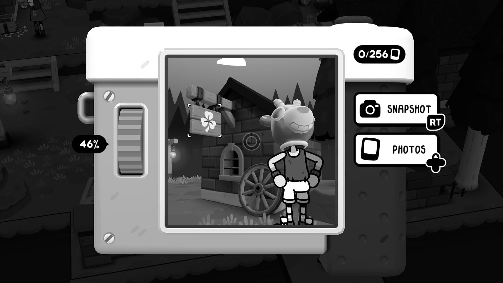 A camera interface displays a black-and-white view of a cartoon character standing in front of a building with a clover sign.