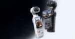 Two handheld gimbal cameras, one white and one black, are positioned against a split black and white background.