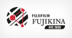A logo for FUJIFILM FUJIKINA NYC 2026 featuring a circular graphic of black diagonal stripes overlaid with a red triangular network.